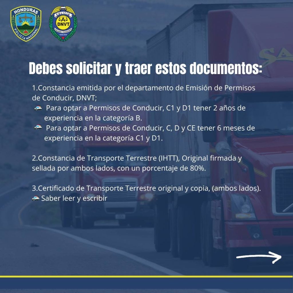 Foto con los requisitos para sacar la licencia de conducir para carga pesada