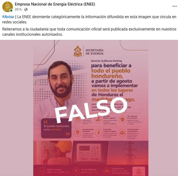 Captura de pantalla de una publicación sobre el medidor prepago en Honduras