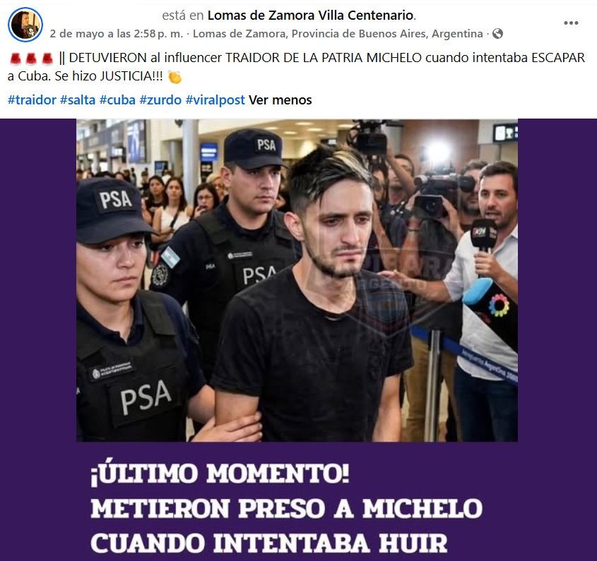Captura de pantalla de una publicación en la que se lee que Michelo está preso, pese a que no se ha confirmado que está detenido hoy 2026