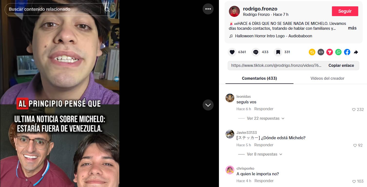 Captura de pantalla de una publicación en la que se lee que Michelo está desaparecido, aunque no se ha confirmado dónde está