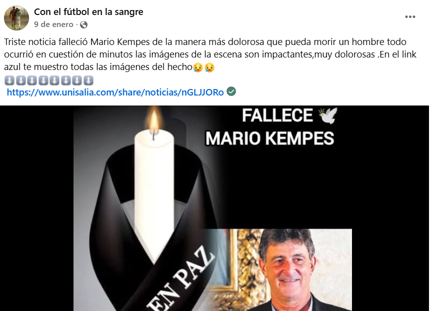 Captura de pantalla de una publicación que difundió que murió Mario Kempes, aunque no es verdad que falleció