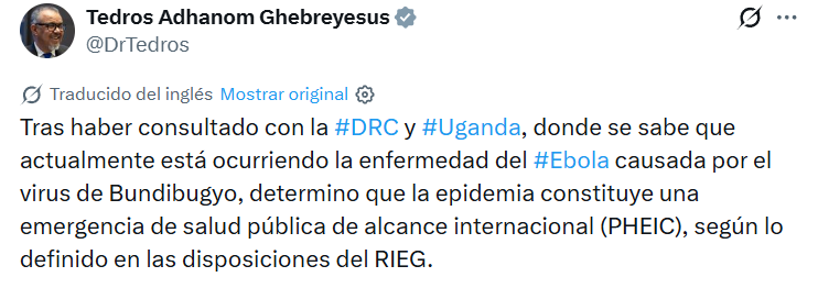 Captura de pantalla de una publicación de la OMS sobre el brote de ébola en 2026