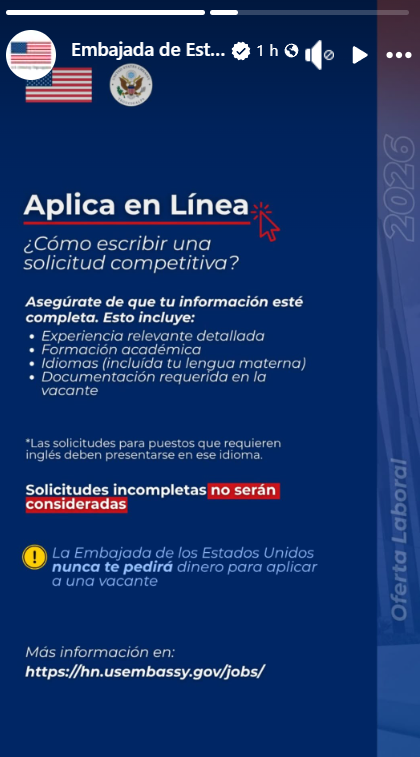 Captura de pantalla de publicación de la Embajada