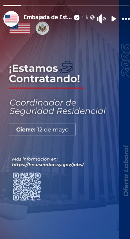 Captura de pantalla del anuncio de la Embajada de Estados Unidos en Honduras sobre la plaza de trabajo