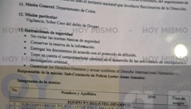Documento sobre la misión que tenían los policías asesinados en Corinto