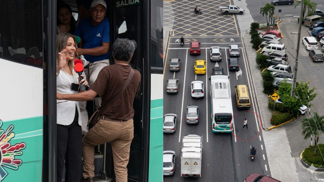 Imagen de Vídeo: En plena transmisión en vivo, chofer se lleva a periodista en su bus
