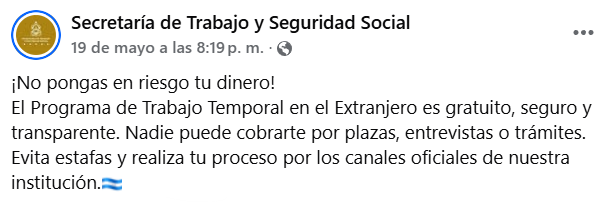 Captura de pantalla de una publicación sobre el Programa de Trabajo Temporal en el Extranjero