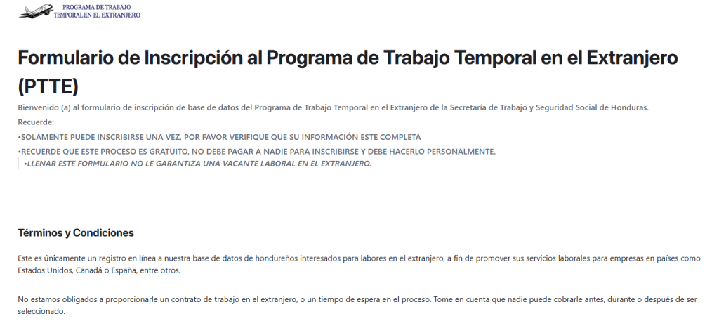 Captura de pantalla del programa de trabajo en el extranjero para hondureños