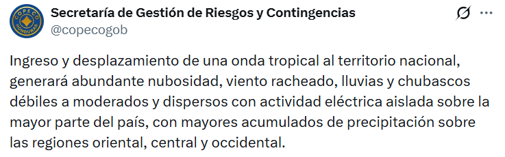 Captura de pantalla del pronóstico del clima en Honduras, donde habrá lluvias por una onda tropical