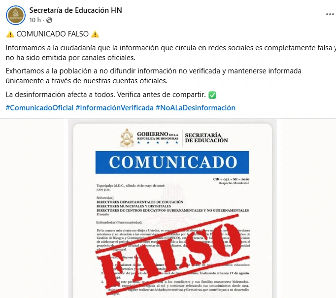 Captura de pantalla de la publicación de Educación desmintiendo que se adelantaran las vacaciones escolares en Honduras en 2026