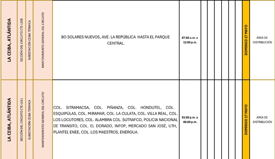 Lista de colonias que no tendrán luz este domingo debido a cortes de energía eléctrica programados por la ENEE