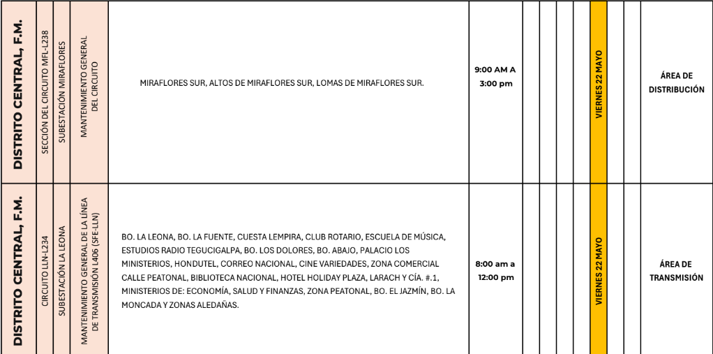 Lista de colonias que no tendrán luz este viernes debido a cortes de energía eléctrica programados por la ENEE
