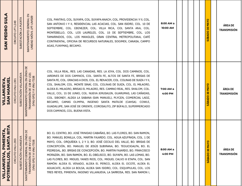 Lista de colonias que no tendrán luz este sábado debido a cortes de energía eléctrica programados por la ENEE