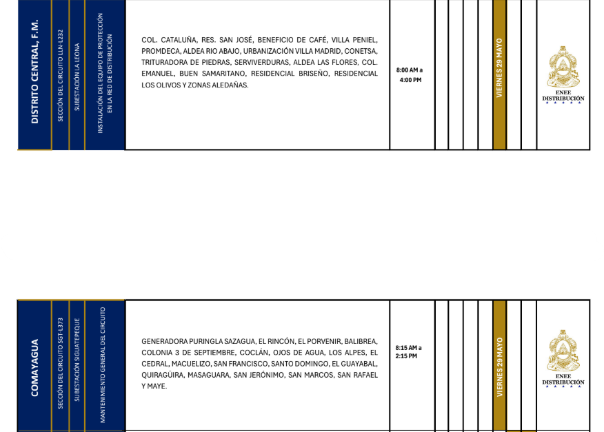 Lista de colonias que no tendrán luz este viernes debido a cortes de energía eléctrica programados por la ENEE