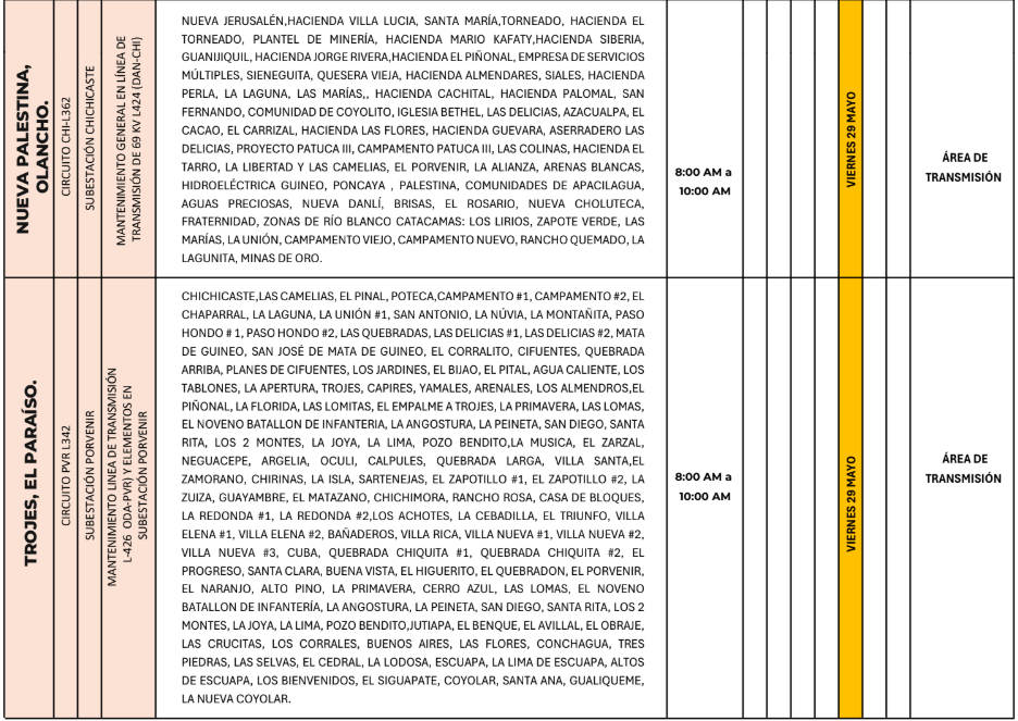 Lista de colonias que no tendrán luz este viernes debido a cortes de energía eléctrica programados por la ENEE
