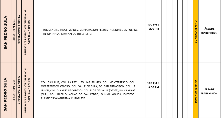 Lista de colonias que no tendrán luz este domingo debido a cortes de energía eléctrica programados por la ENEE