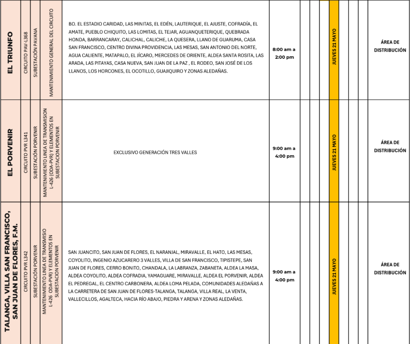 Lista de colonias que no tendrán luz este jueves debido a cortes de energía eléctrica programados por la ENEE