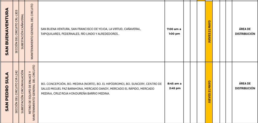 Lista de colonias que no tendrán luz este jueves debido a cortes de energía eléctrica programados por la ENEE