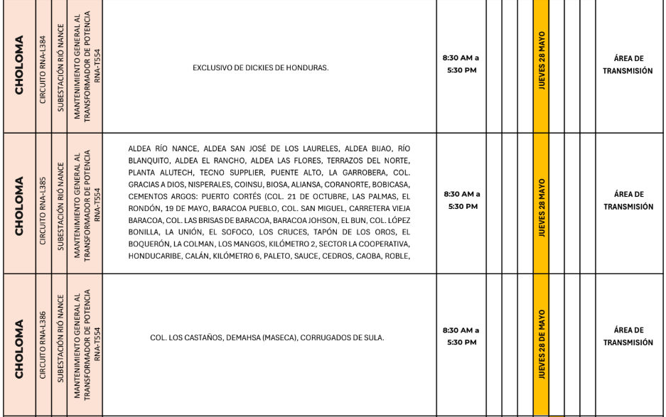 Lista de colonias que no tendrán luz este jueves debido a cortes de energía eléctrica programados por la ENEE