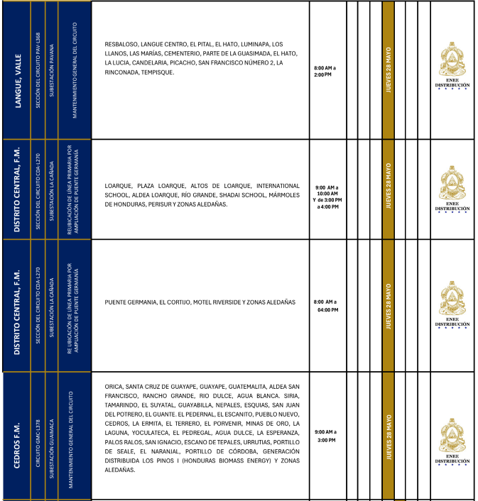 Lista de colonias que no tendrán luz este jueves debido a cortes de energía eléctrica programados por la ENEE