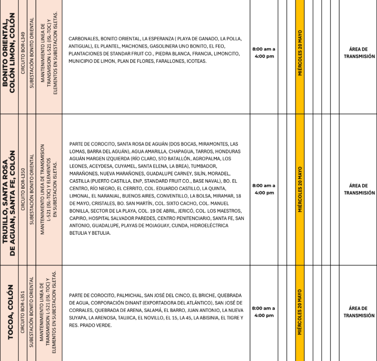 Lista de colonias que no tendrán luz este miércoles debido a cortes de energía eléctrica programados por la ENEE