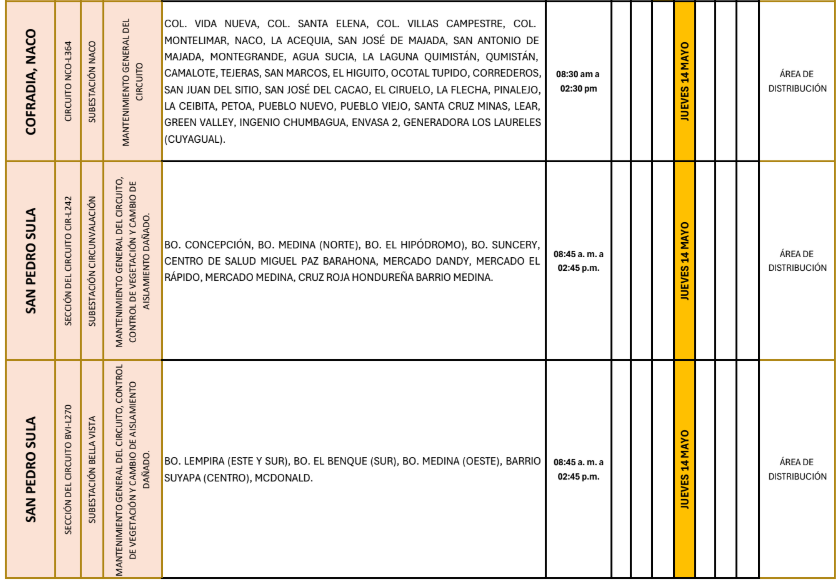 Lista de colonias que no tendrán luz este jueves debido a cortes de energía eléctrica programados por la ENEE