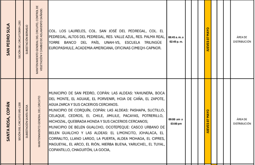 Lista de colonias que no tendrán luz este jueves debido a cortes de energía eléctrica programados por la ENEE