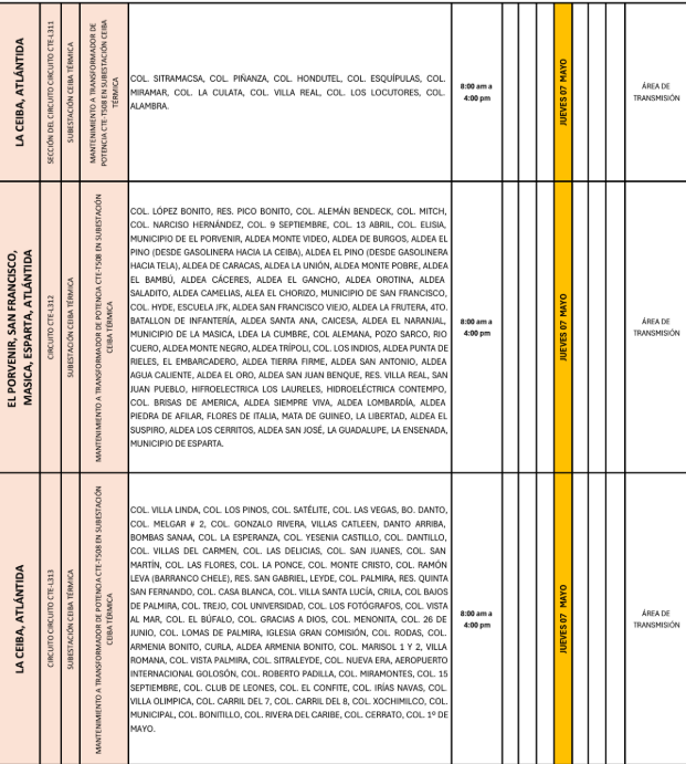 Lista de colonias que no tendrán luz este jueves debido a cortes de energía eléctrica programados por la ENEE