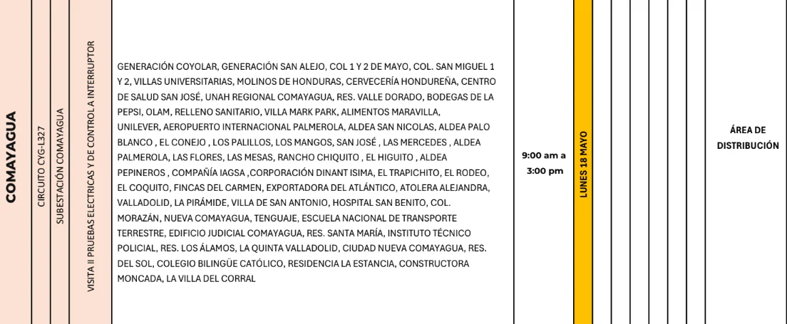 Lista de colonias que no tendrán luz este lunes debido a cortes de energía eléctrica programados por la ENEE
