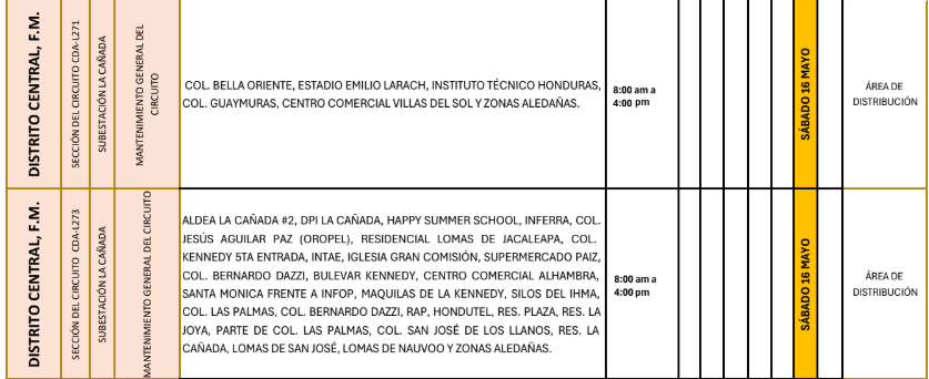Lista de colonias que no tendrán luz este sábado debido a cortes de energía eléctrica programados por la ENEE