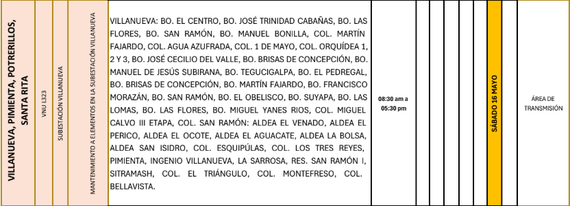 Lista de colonias que no tendrán luz este sábado debido a cortes de energía eléctrica programados por la ENEE