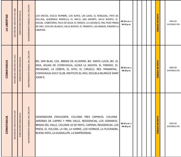 Lista de colonias que no tendrán luz este sábado debido a cortes de energía eléctrica programados por la ENEE