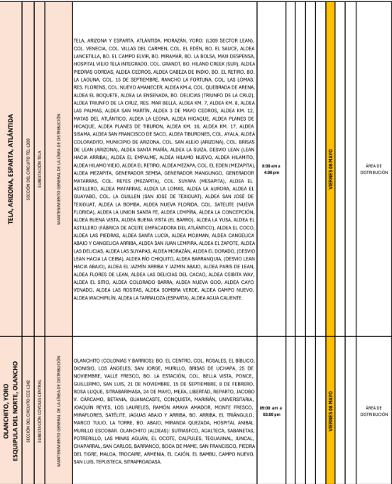 Lista de colonias que no tendrán luz este viernes debido a cortes de energía eléctrica programados por la ENEE