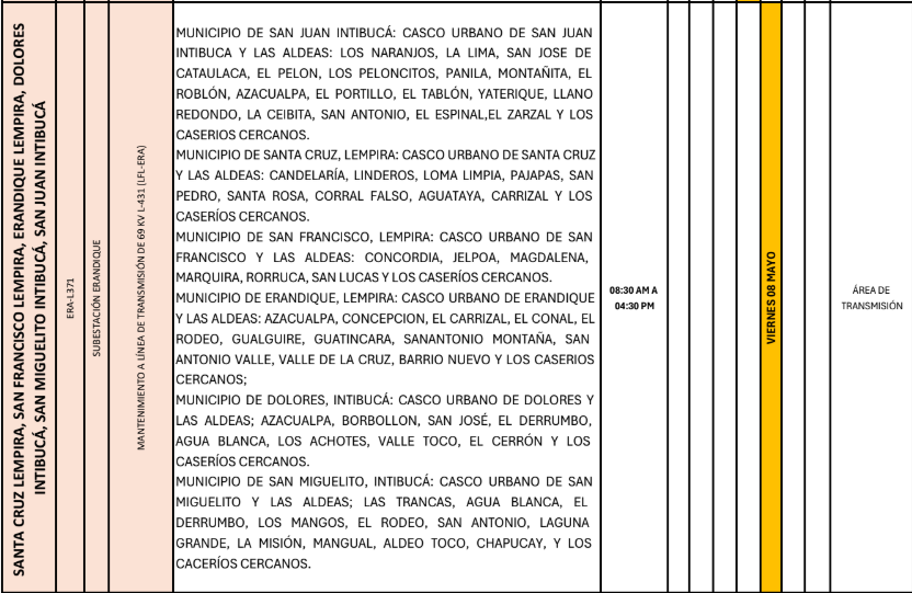 Lista de colonias que no tendrán luz este viernes debido a cortes de energía eléctrica programados por la ENEE
