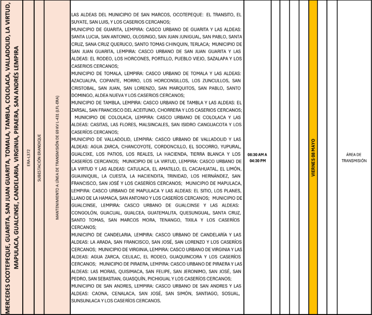 Lista de colonias que no tendrán luz este viernes debido a cortes de energía eléctrica programados por la ENEE