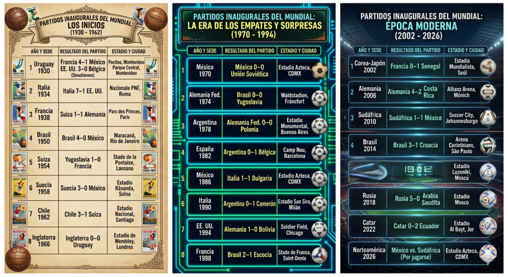 Registro de los partidos inauguarales de los Mundiales.