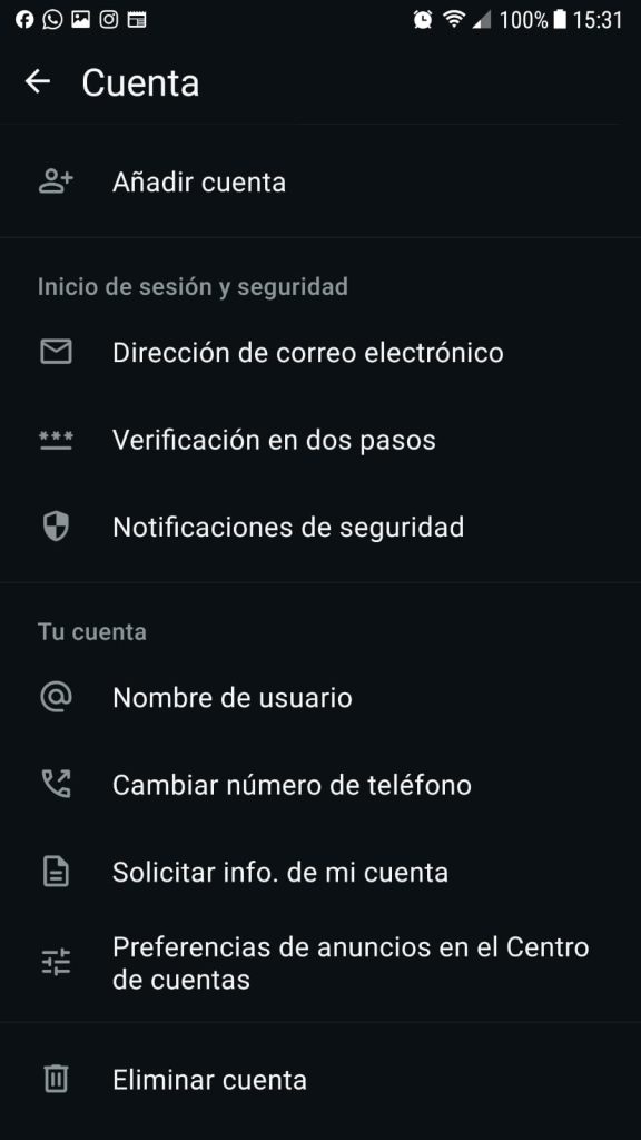 Menú de ajustes de cuenta de WhatsApp.