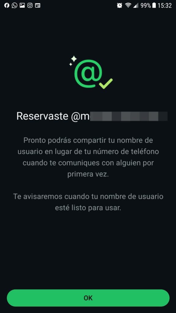 Confirmación de reservación del nombre de usuario en WhatsApp.