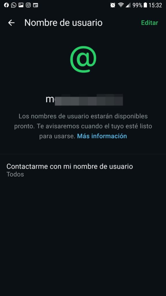 Notificación del uso del nombre de usuario en WhatsApp.
