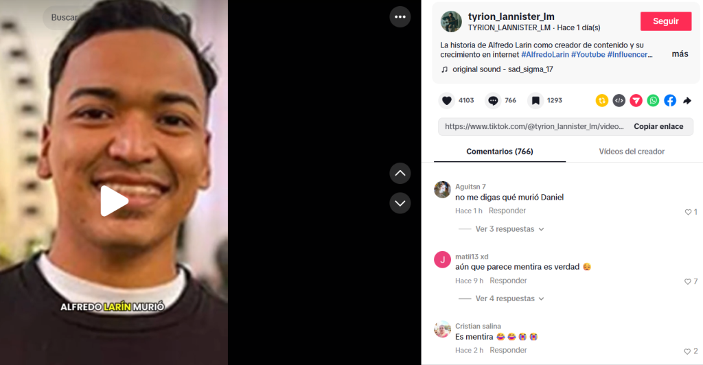 Captura de pantalla de una publicación en TikTok que difundió que Alfredo Larín murió en un accidente hoy en 2026 aunque no es verdad que falleció