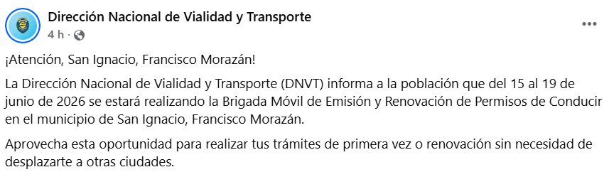 Captura de pantalla de una publicación sobre la brigada móvil para la licencia de conducir