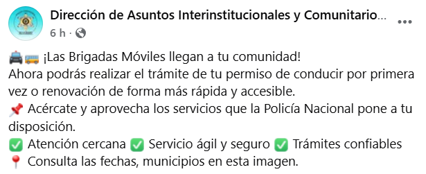 Captura de pantalla de la publicación sobre las brigadas móviles para la licencia de conducir