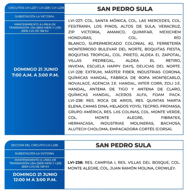 Lista de colonias que no tendrán luz este domingo debido a cortes de energía eléctrica programados por la ENEE