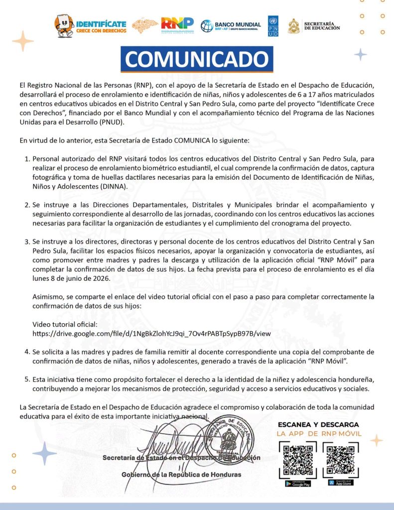 Comunicado de Educación sobre el proceso de enrolamiento biométrico en escuelas