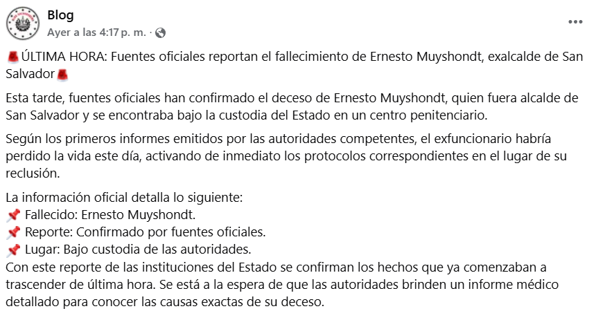 Captura de pantalla de una publicación que difundió que fallece Ernesto Muyshondt, pese a que el exalcalde no murió o falleció hoy en 2026