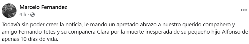 Captura de pantalla de una publicación sobre el fallecimiento de Alfonso, hijo de Fernando Tetes con Clara