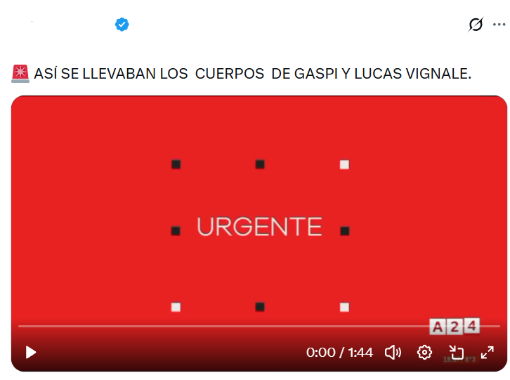 Captura de pantalla de una publicación en Twitter que se hizo viral porque hablaba de fotos de los cuerpos de Gaspi y Lucas Vignale