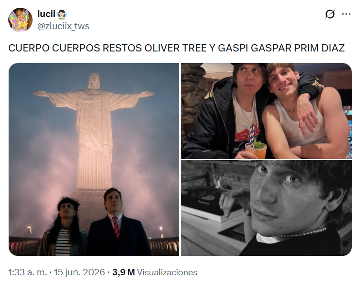 Captura de pantalla de una publicación en Twitter en la que se menciona las fotos de la pierna de Gaspi o de Oliver Tree en el piso después del accidente