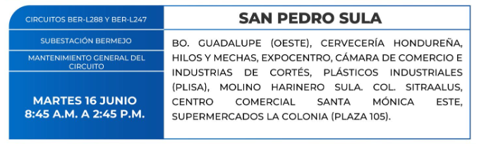 Zonas de SPS donde habrá cortes de energía programados este martes.