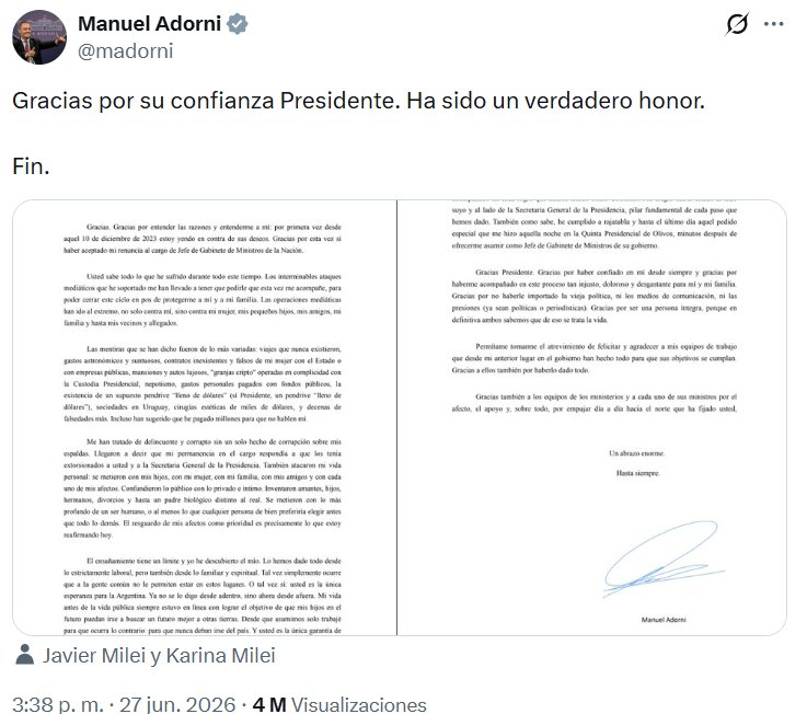 Captura de pantalla de la carta de renuncia de Manuel Adorni